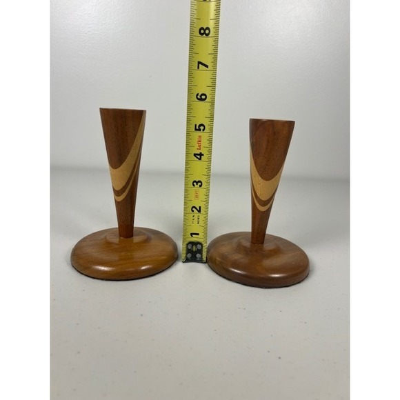 Vintage Mid Century Modern Inlaid Wood Taper Candlestick Holders Set of 2 MCM - Picture 6 of 11
